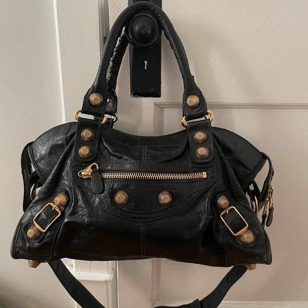 Black and Gold Balenciaga motorcycle bag